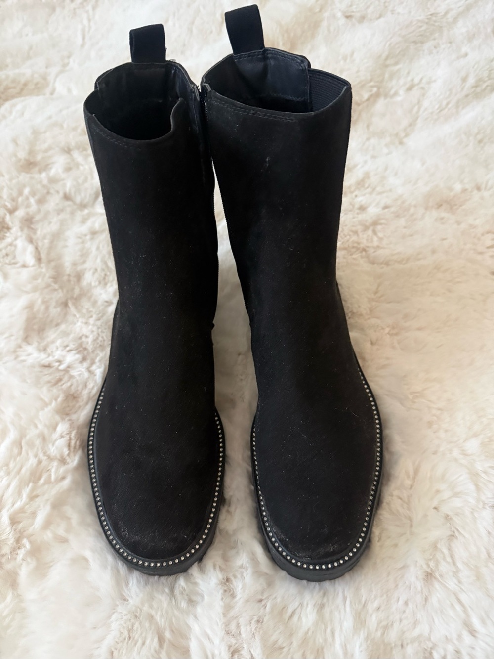 Black Chelsea Ankle Boots with Rhinestone Stud Trim - Size 9